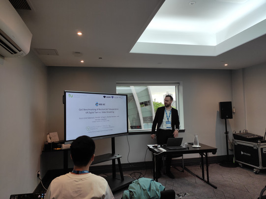 Kevin Šabanović presenting the results at the IEEE ICC 2026 showcasing Quality of Experience and Quality of Service results for immersive teleoperation services in 6G.