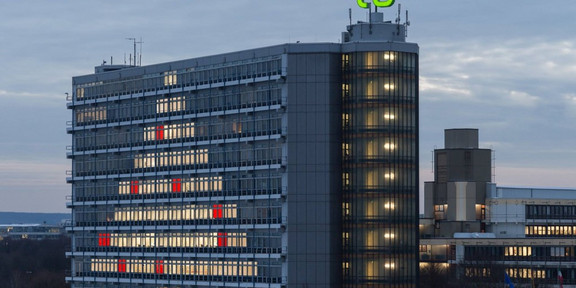 Illuminated windows in shape of a christmas tree, at the mathematics tower.